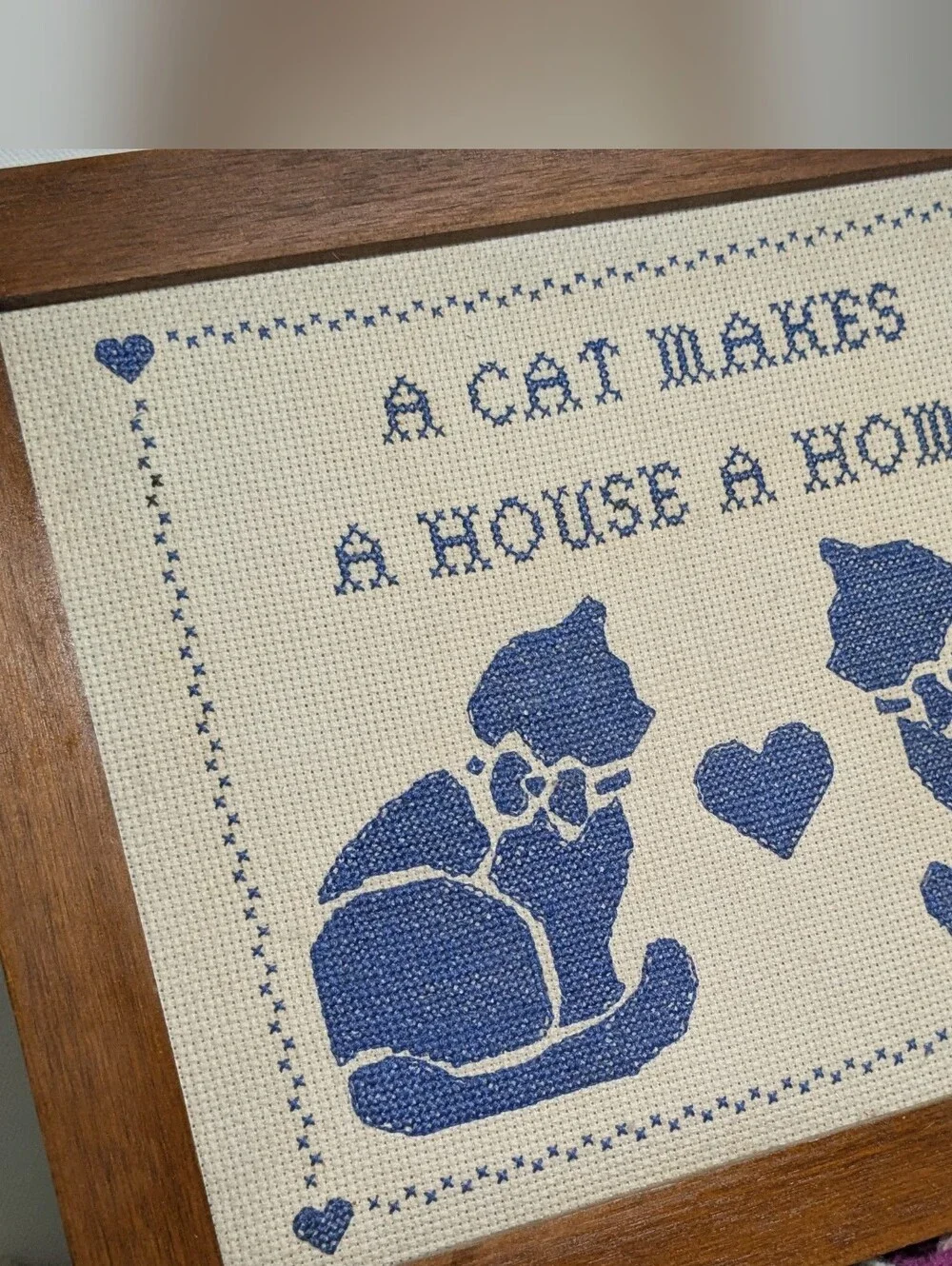 Cottagecore Blue Cat Cross-Stitch Wall Art - A Cat Makes A House A Home 🩵